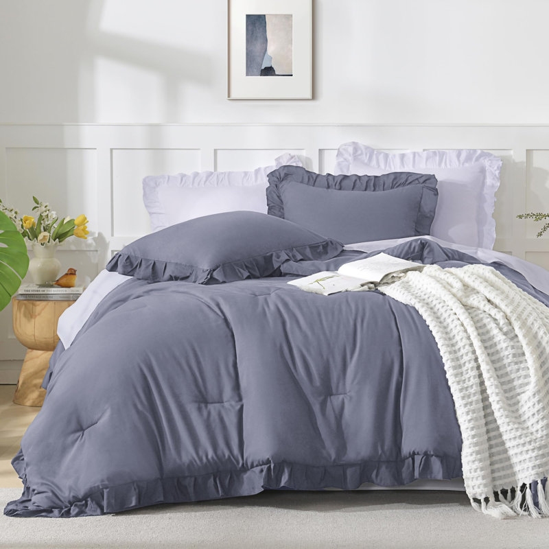 Andency Dark Blue Grey King Size Comforter Set, 3 Pieces Solid Farmhouse Bedding Comforters & Sets, All Season Western Rustic Soft Down Alternative Bed Set for Adult Men Women