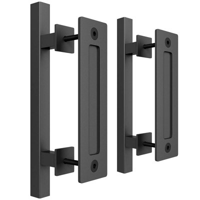 2PCS 12" Pull and Flush Barn Door Handle Set, Large Rustic Two-Side Design, for Gates Garages Sheds Furniture, Black, Square