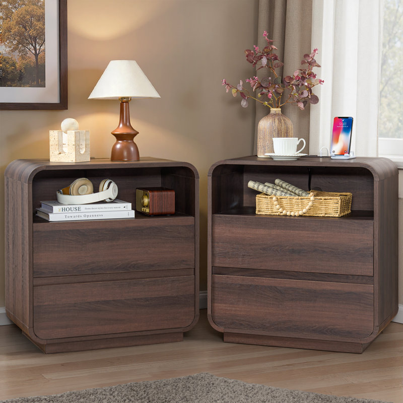 Ensemble de chambre à coucher 3 pièces en noyer courbé avec station de charge, Walnut