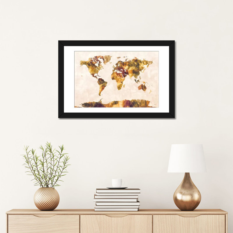 World Map Series: Foxed Retro, impression sur toile tendue, H 16 po x l 24 po x P 1 po, Papier d'art encadré noir, Blanc