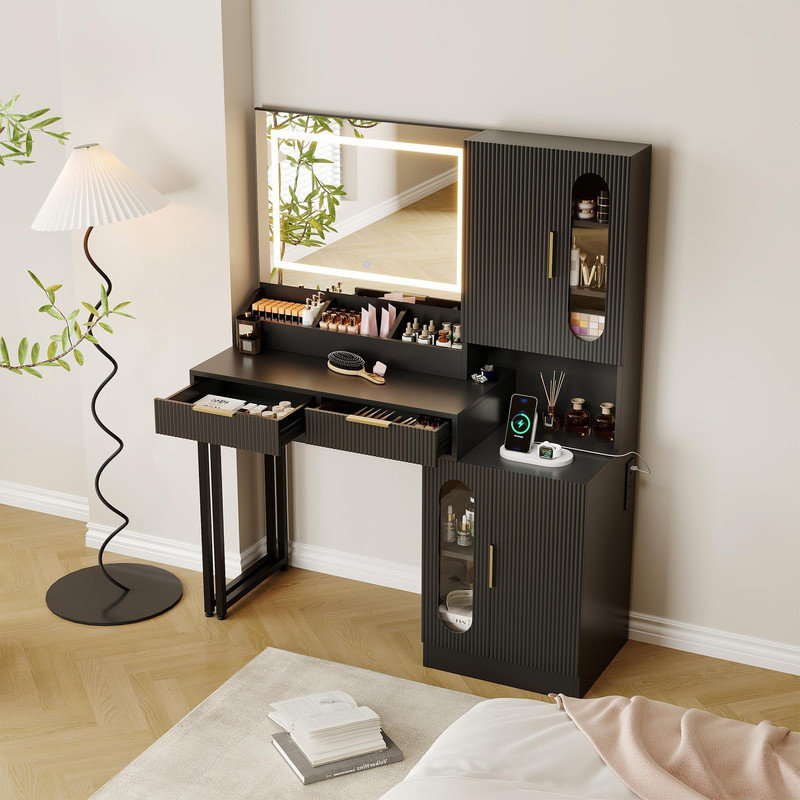 Mirrored Makeup Vanity Set with LED Lights, Charging Station & Storage Drawers – Slim Wooden Bedroom Vanity Table
