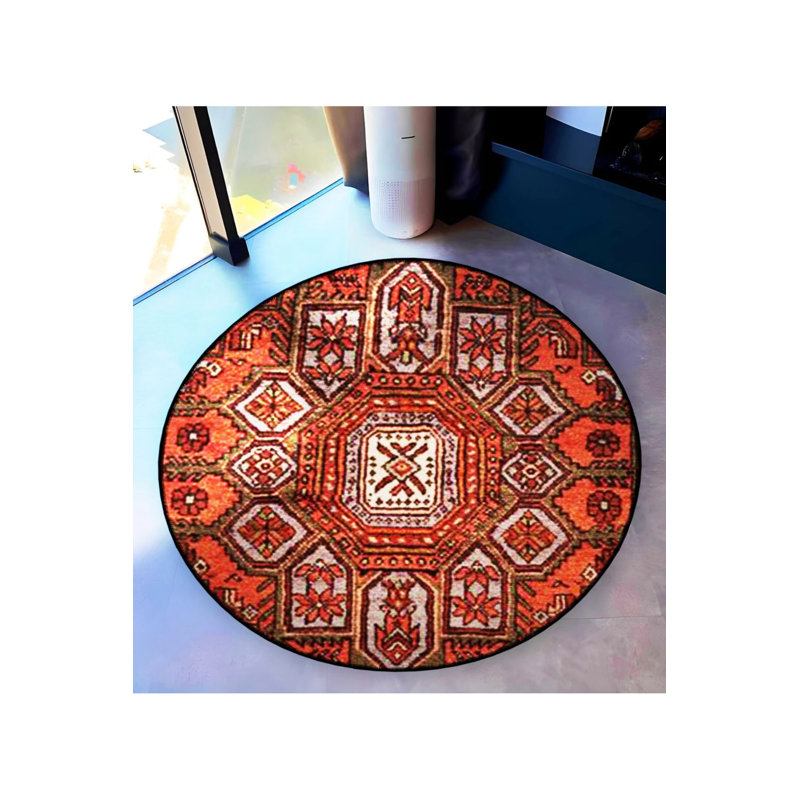 Orange Beige Themed Ethnic Motif Traditional Patterned Round Woven Base Vintage Decorative Carpet, Round 3'4"