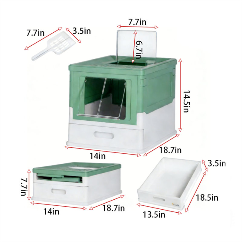 Bac à litière pliable pour chat avec couvercle, résistant aux odeurs avec sortie par le haut et entrée frontale, comprend un tiroir et une pelle à tiroir coulissant, pot à chat portable, vert
