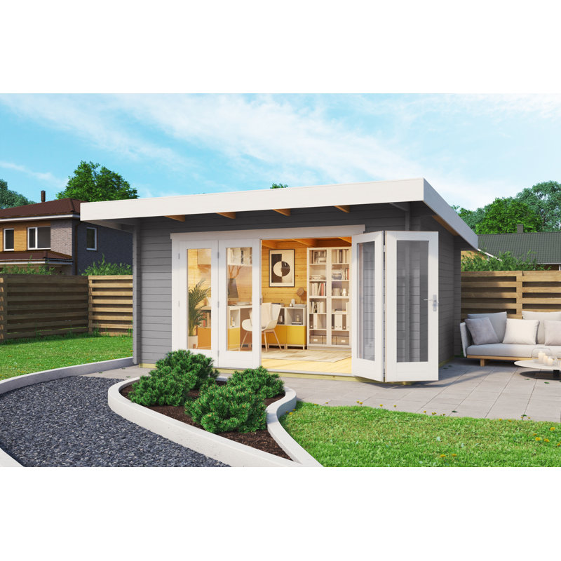 Lasita - 13 x 10 Ft. Premium Log Cabin With Tempered Double Glazed Bifold Doors (44mm), Light Grey