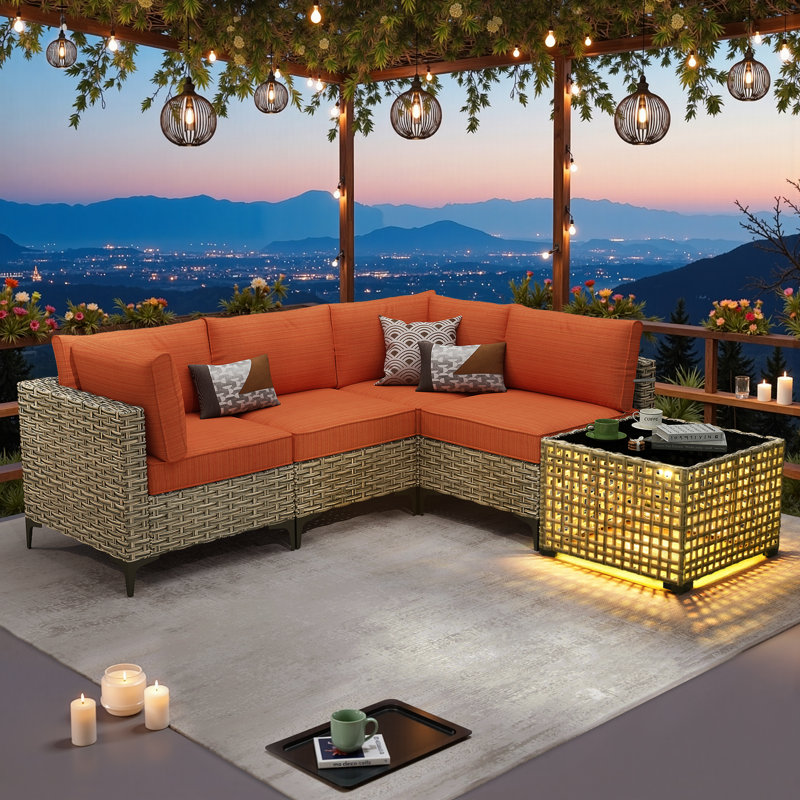 Sorella 5-Piece Outdoor Patio Furniture Set With Wicker Sectional Sofa & Lighted Coffee Table, Modern Patio Conversation Set For Porch, Deck & Backyard