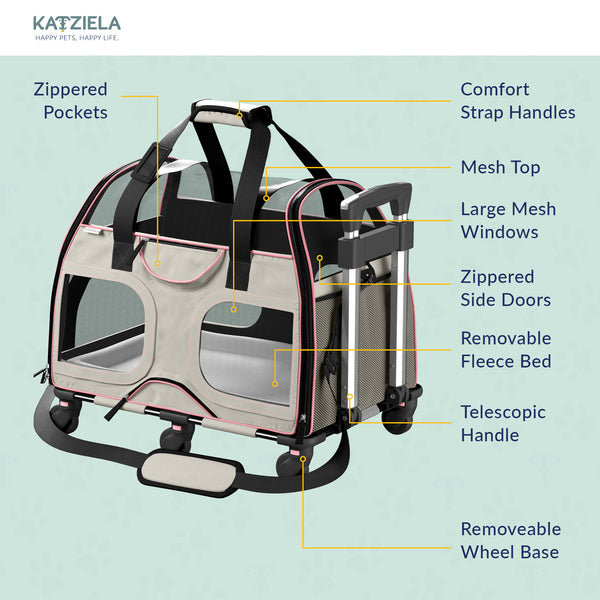 White and Pink Soft-Sided Rolling Pet Carrier with Telescopic Handle