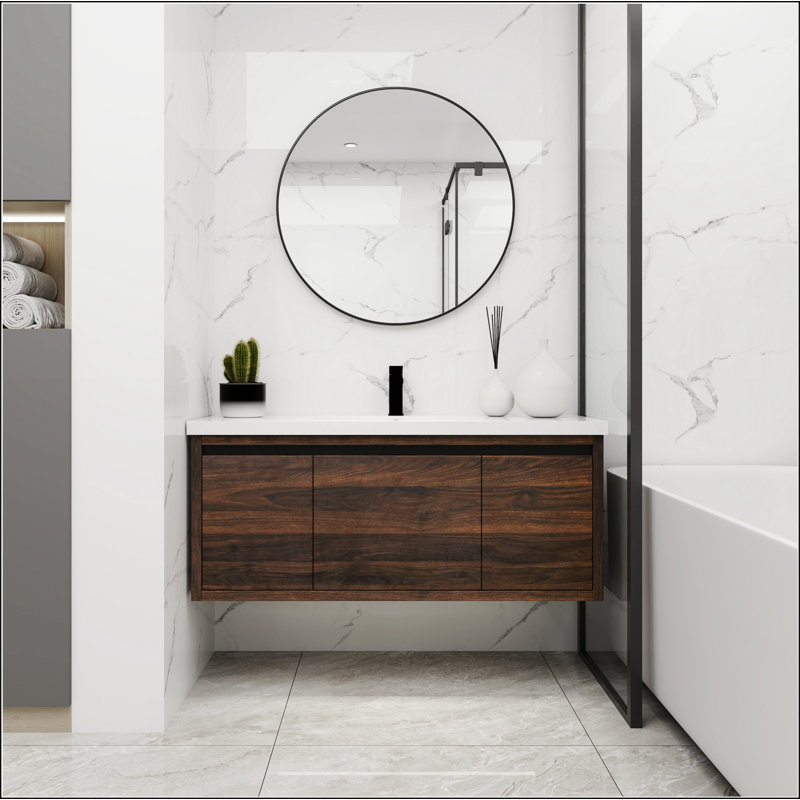 Armoire de salle de bain 48 po avec lavabo, portes à fermeture douce et tiroir, montage flottant, 48 po x 18 po, Noyer