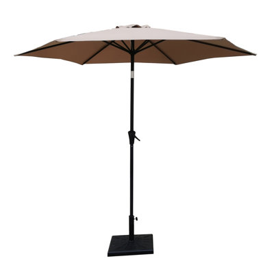 Parasol de marché en aluminium de 8,8 pi avec base carrée en résine extra-lourde de 42 lb, inclinaison à bouton-poussoir et manivelle facile - Taupe