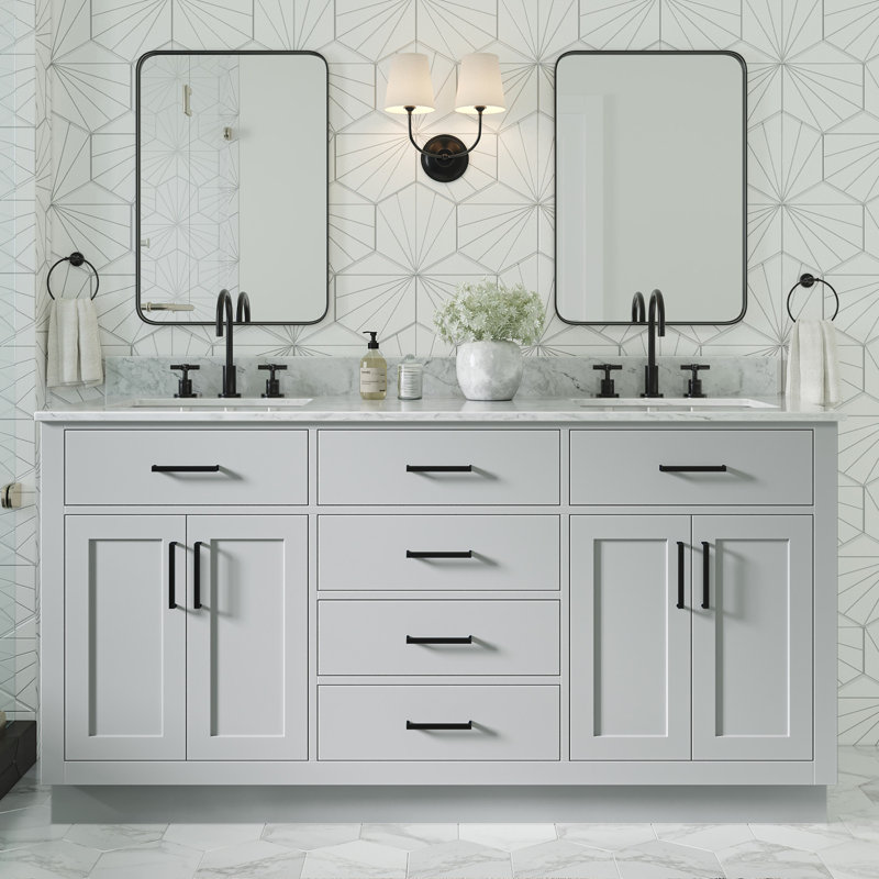 Tidworth Solid Wood Double Bathroom Vanity with 1.5' Carrara Marble Top, Forme rectangulaire, Gris, Laiton