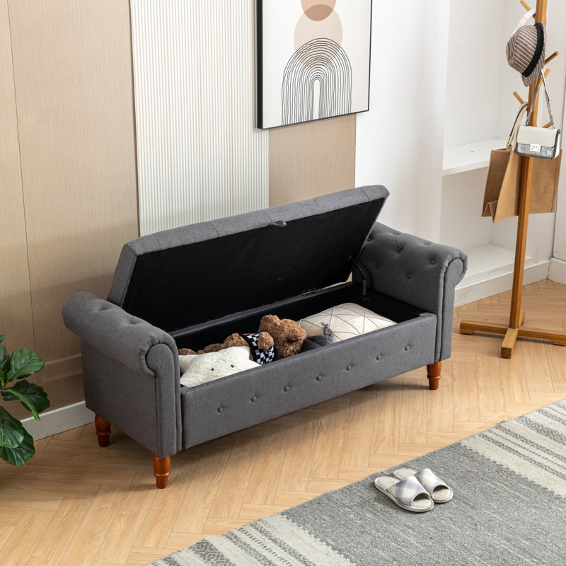 Flax Fabric Storage Bench With Wooden Legs For Bedroom And Entryway, Perfect For Shoe Changing And Extra Seating