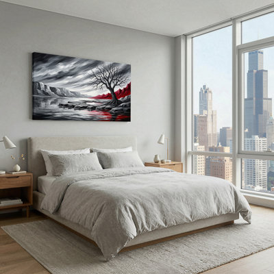 Black And White Lake Scene With Red Mountains And Bare Tree Canvas Wall Art