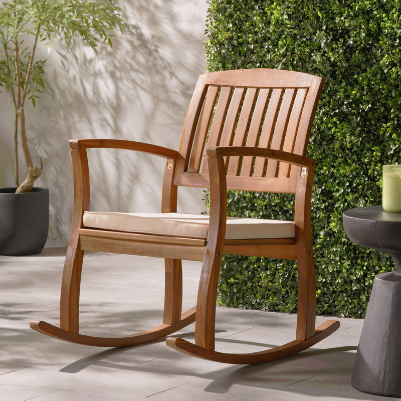 Acacia Wood Patio Outdoor Rocking Chair With Cushions For Garden, Lawn, Backyard, Pool,