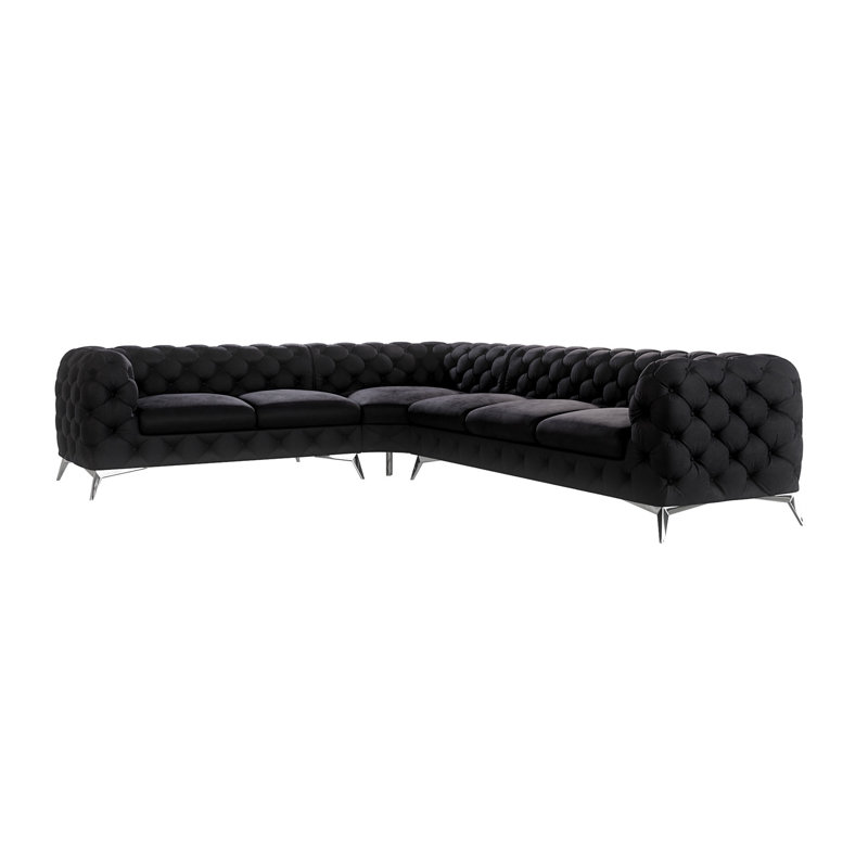 Chesterfield Corner Sofa L-Shape Bixby with Silver Metal Legs, Black, Right Hand Facing