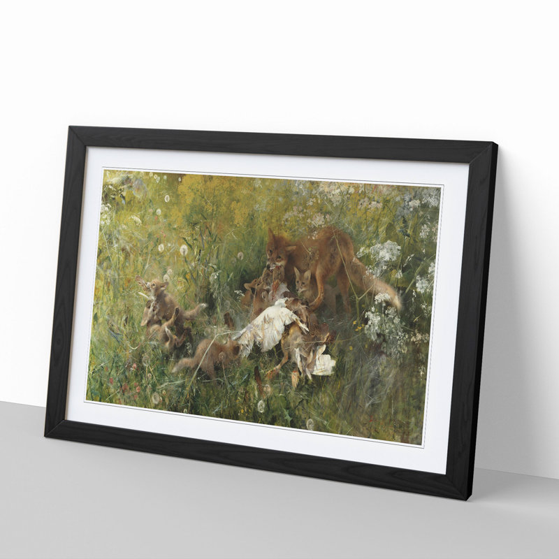A Fox Family by Bruno Liljefors - Picture Frame Painting, 48cm H x 65cm W x 2cm D, Black Framed