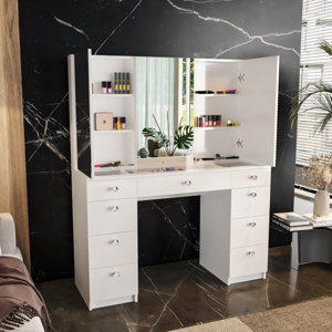 Boahaus Lily Large Makeup Vanity Desk with Wide Cabinet Mirrors, Glass Top and LED lights