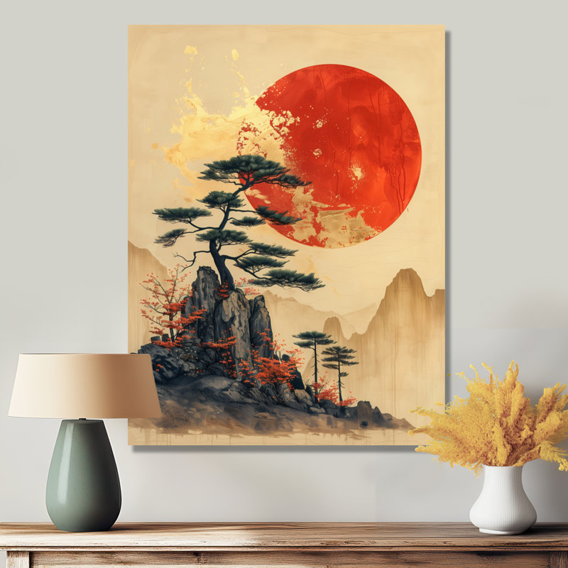 Décoration murale noire, orange, Japon, bonsaï, Japon, Toile tendue, H 32 po x l 24 po x P 1 po