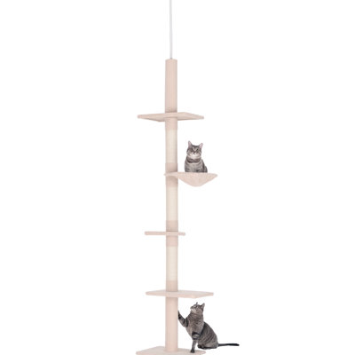 Adjustable Floor-To-Ceiling Cat Tree Tower (90.5"-102.25") With 5 Plush Platforms And Sisal Scratching Post - Beige