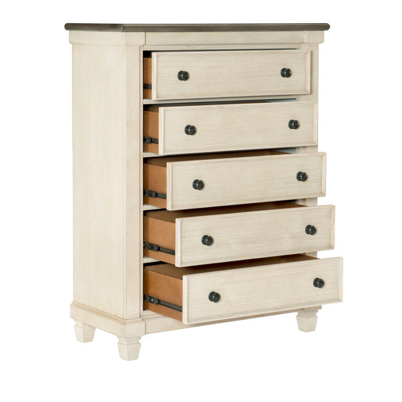 Commode 5 tiroirs Sofia, Blanc antique / brun rosé