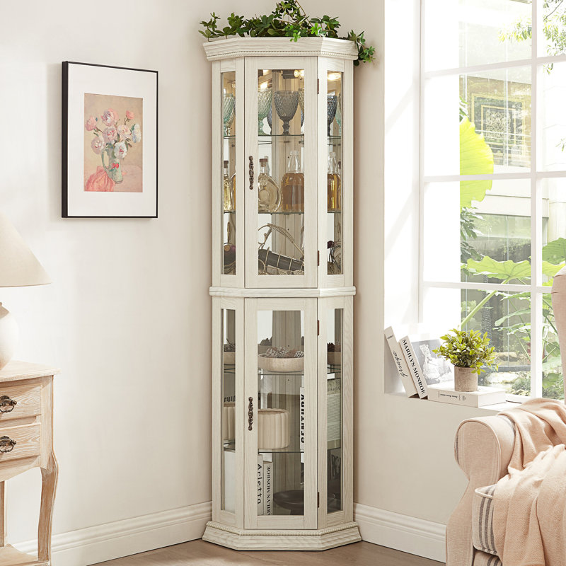 Lighted Corner Curio Cabinet, Glass Display Shelf With Tempered Glass Doors, Living Room Cabinet, White