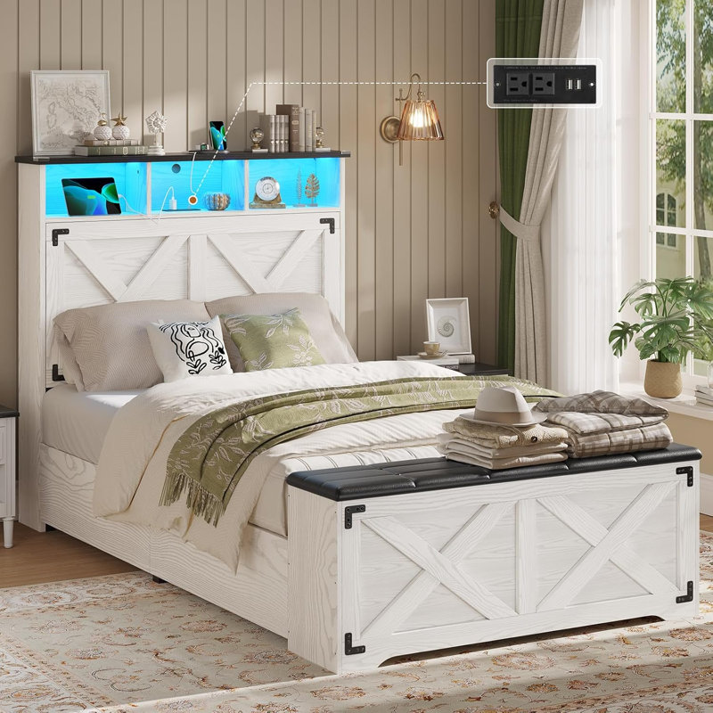 Structure de lit simple en métal de style campagnard, lit plateforme blanc avec tête de lit à DEL, station de charge et repose-pieds de rangement, lit robuste pour chambre d'ado