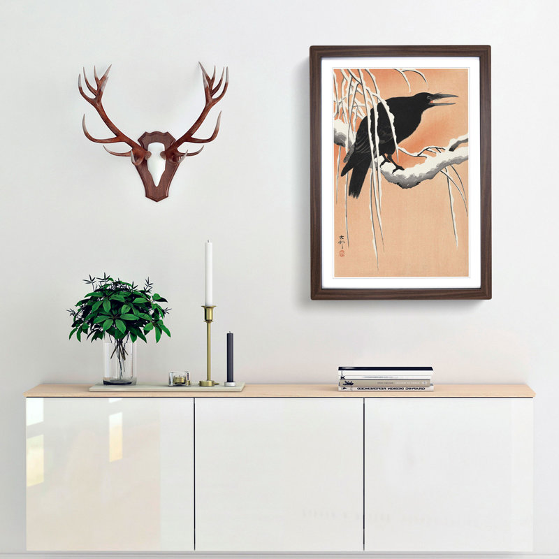 Crow on a Snowy Branch by Ohara Koson - Framed Print, 36cm H x 27cm W x 2cm D, Walnut Framed