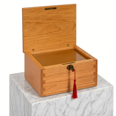 Solid Cherry Wood Cremation Urn for Human Ashes Adult Male & Female, Handcrafted in USA with Dovetail Joinery, Antique Brass Lock & Key