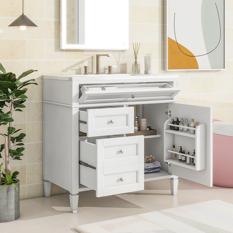 Meuble-lavabo de salle de bain moderne avec lavabo supérieur et 2 tiroirs, Blanc