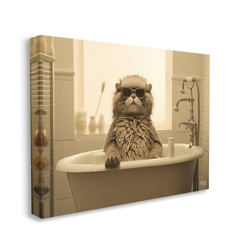 «Cool Cat in Bathaign», art mural sur toile par RB, H 24 po x l 30 po
