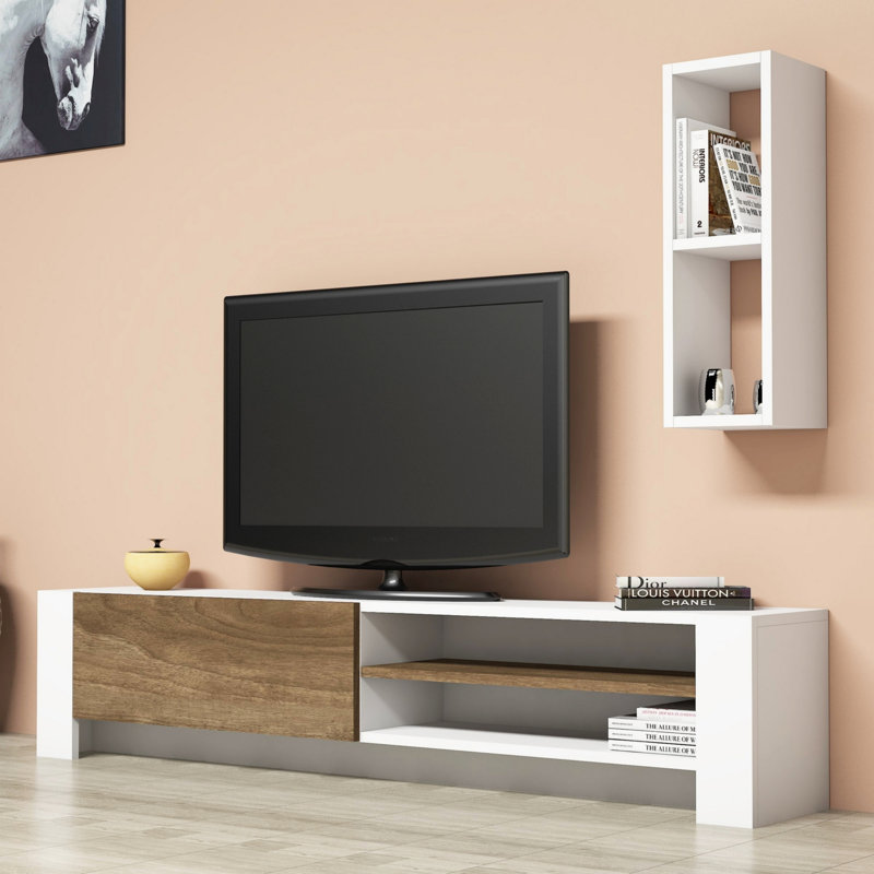 Modern Walnut TV Unit with Wall Shelf, 63.0 x 13.0 x 10.6 inches | 100% Melamine Coated Particle Board, Thickness: 0.7 inches | Multiple Shelves, Wall-Mountable, Stylish Storage Solution for Living Room