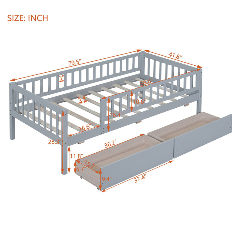 Hanon Kids Daybed with Drawers, Gray, Twin