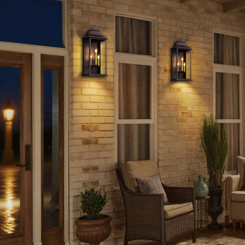 Wilcher 3-Light Dusk-to-Dawn Outdoor Wall Lantern, 25" H x 10" W x 8" D, Oil Rubbed Bronze/Gold