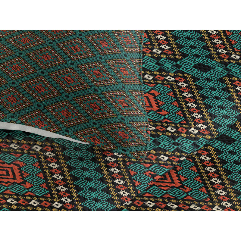 Ethnic Rustic Polyester Geometric Shapes Coverlet, King Bedspread + 2 Shams
