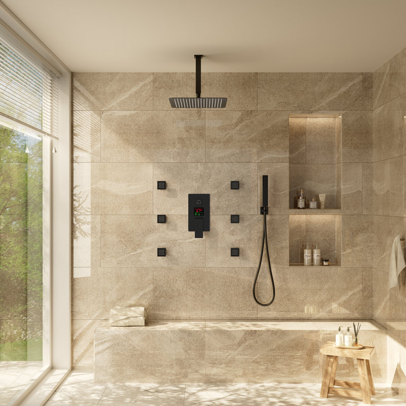 Ceiling Mounted Pressure Balanced Luxury Complete Shower System with Digital Display and Rough-in Valve, Matte Black