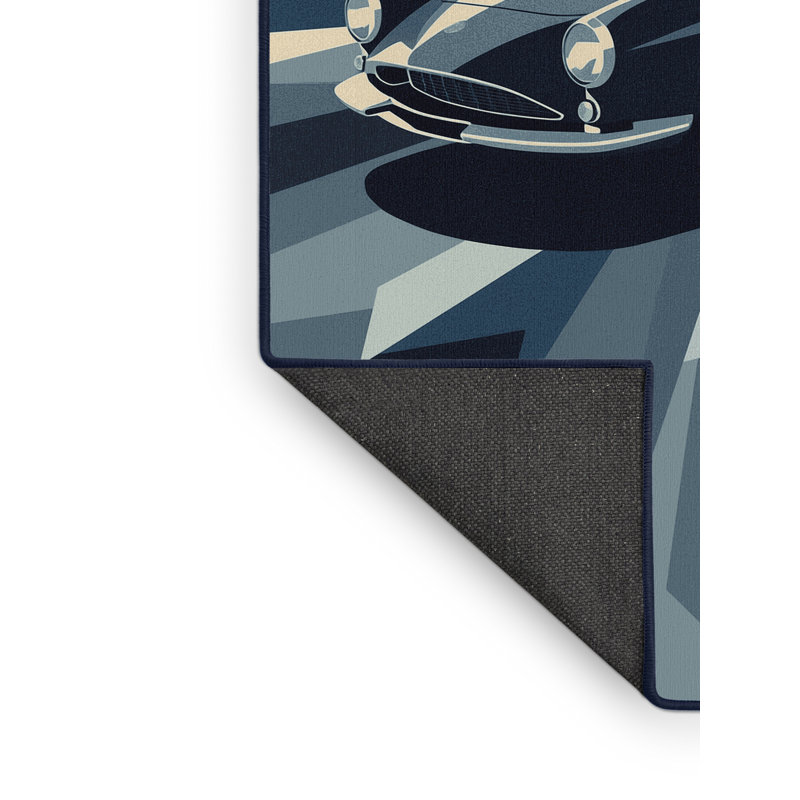 Soft Plush Edingworth Retro Coupe Car Retro Geometric Area Rug in Beige – Navy Binding, 6x9