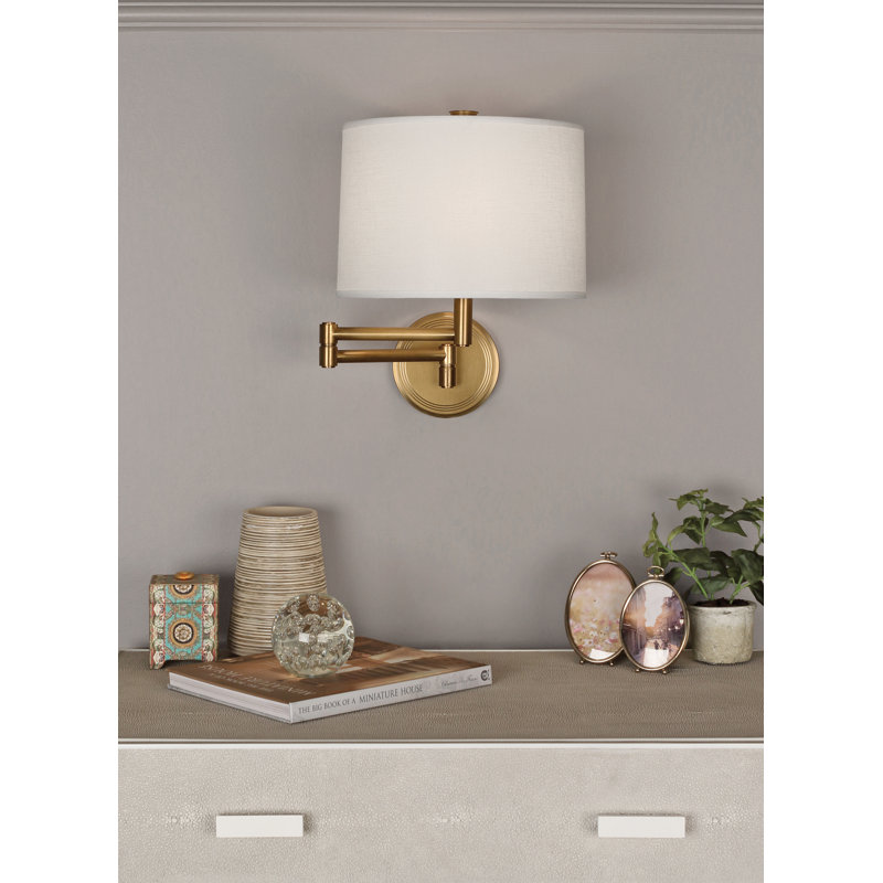 Sofia Solid Brass Plug-in Swing Arm Sconce, Antique Brass, White Linen
