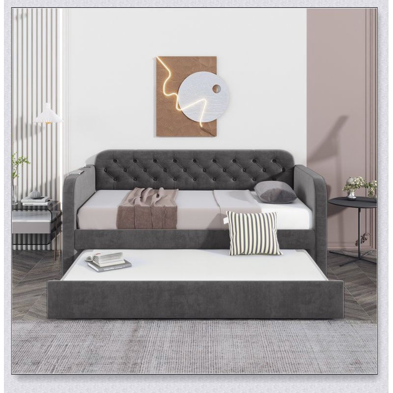 Lit de jour rembourré avec couchette et conception de chargement USB, Gris foncé