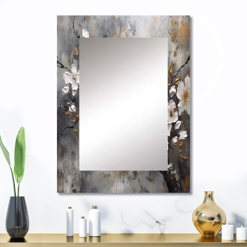 White Grey Cherry Blossum Harmony I - Floral Decorative Wall Mirror, Traditional Mirror, Printed Metal Art, 32" x 24"