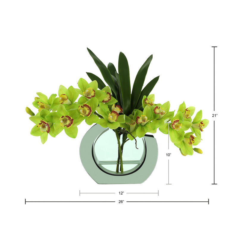 Modern Orchid Arrangement in Mirrored Glass Vase, Green