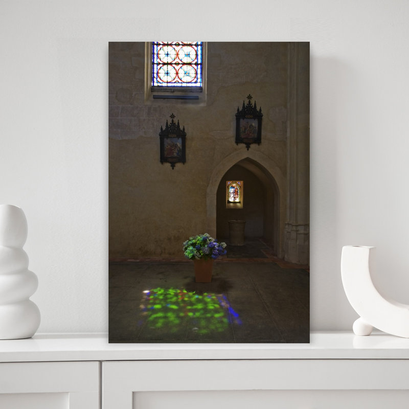 Reflection Of Stained Glass Window Sourzac Church Dordogne France by George Munday - Wrapped Canvas Print