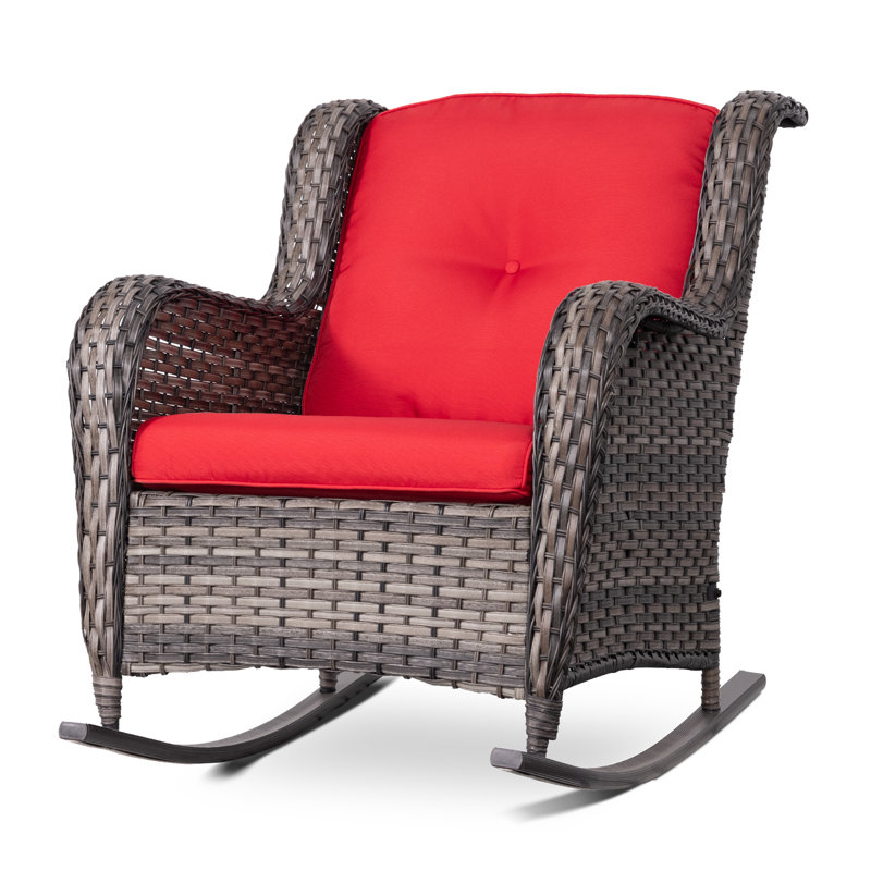 Chaise berçante d'extérieur en osier / rotin avec coussins Spencerian, Rouge