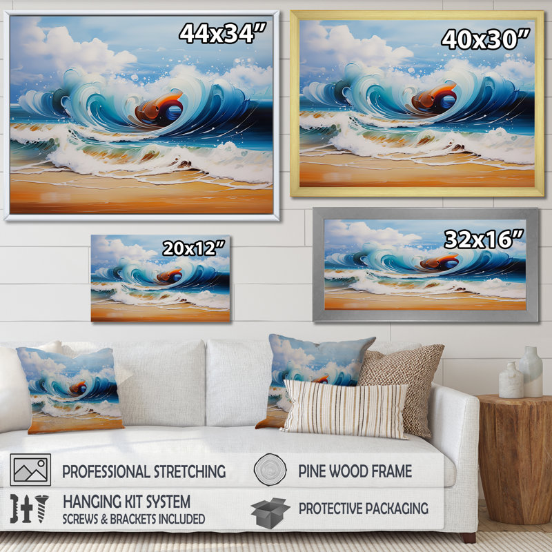 «Vibrant Beach Waves 1» - art mural vagues côtières, Cadre de coin blanc fermé, H 12 po x l 20 po x P 1 po