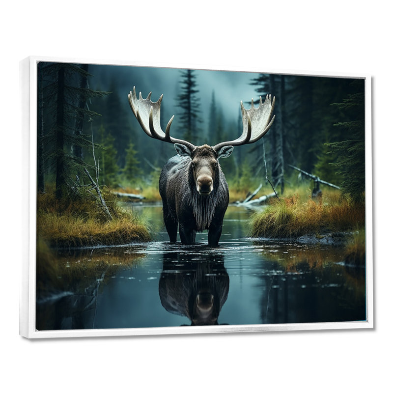 «Green Moose Forest Dusk», art mural orignal, H 34 po x l 44 po x P 1,5 po, Cadre flottant blanc