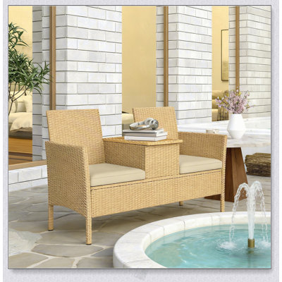 Patio Loveseat With Flip-Table & Storage - Rattan Steel Frame, Water-Resistant Cushions, Compact Outdoor Sofa