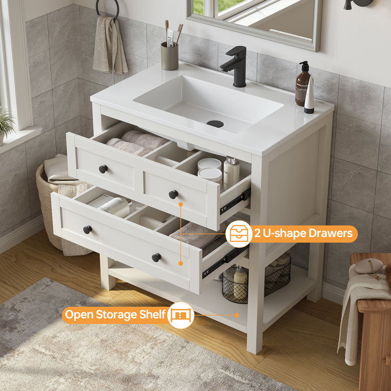 Ensemble de meuble-lavabo simple autoportant de 30 po avec plateau en composite Allensville, 30", Blanc