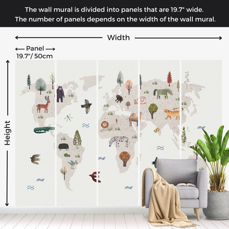 Papier peint pour enfants, carte du monde beige avec animaux, L 137 po x L 100 po