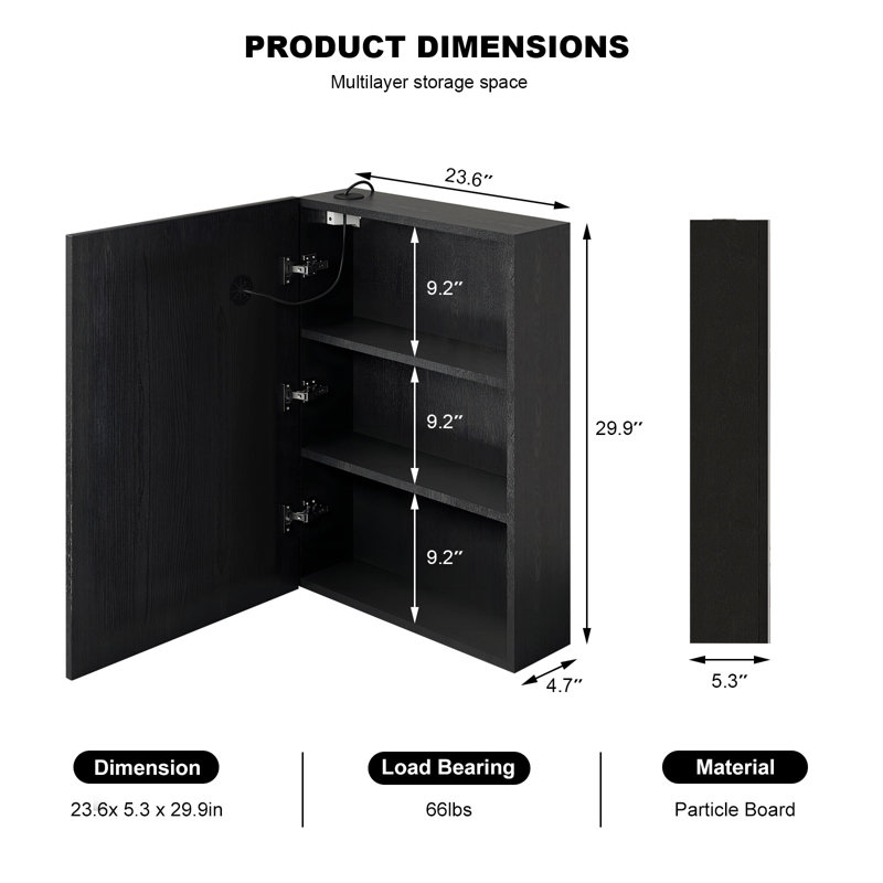 Cormarion Surface Mount Frameless Medicine Cabinet with Mirror and 2 Shelves and LED ligthing, 29.9" H x 23.6" W x 5.3" D