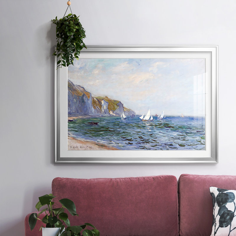 Falaises et voiliers à Pourville, 1882, reproduction d'art encadrée, Encadrement argenté, H 30 po x l 44 po x P 1,5 po