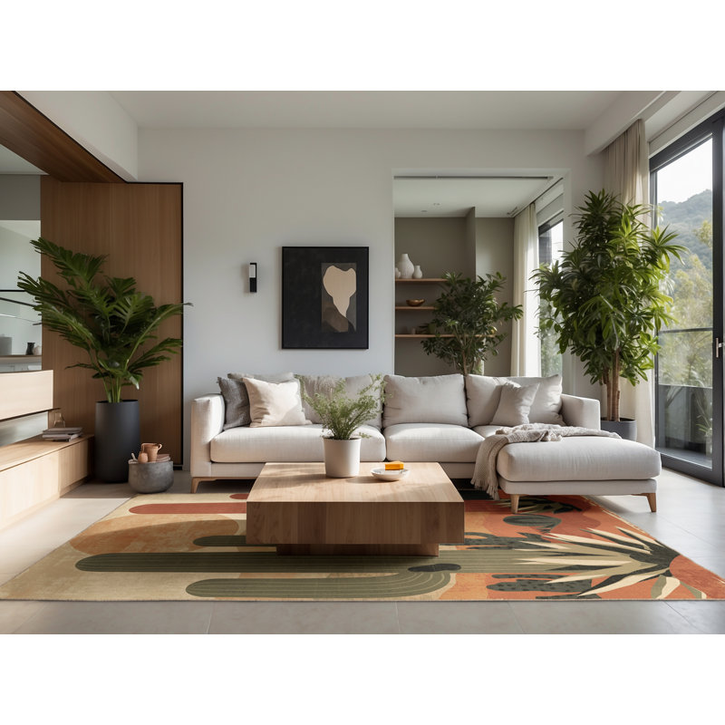 Tapis moelleux et moelleux au look rustique et moderne de style cactus brun et beige, Rond 4 pi