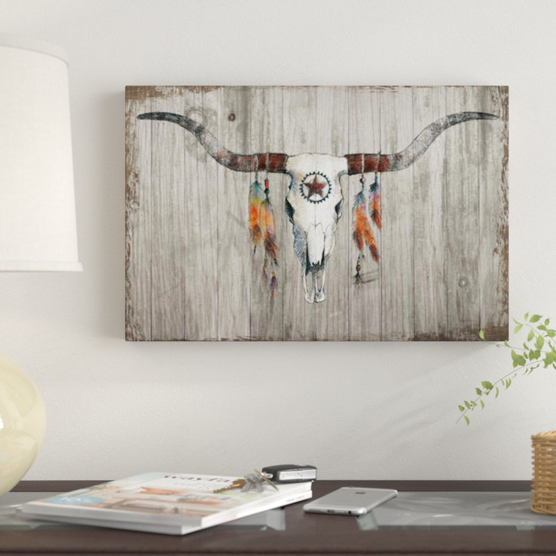 «Longhorn on Dark Grey Wood», reproduction sur toile, H 12 po x l 18 po x P 1,5 po, Papier d'art encadré noir, Pas de tapis
