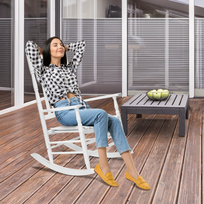 45 po Chaise berçante de patio en bois massif à dossier à lattes, Blanc